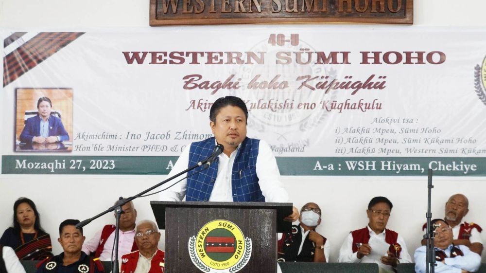 Minister, PHED & Cooperation, Jacob Zhimomi addressing the 40th general conference of the Western Sümi Hoho (WSH) at WSH office, Chekiye, Chümoukedima on May 27. (Morung Photo)